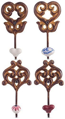 Set of 4 'Linden' Rusty Finish Cast Iron &amp; Ceramic Wall or Coat Hooks