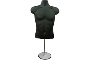 Display Guru Male Hanging Mannequin Half Body Form 3 Quarter Shop Bust Display With Round Stand (Black)