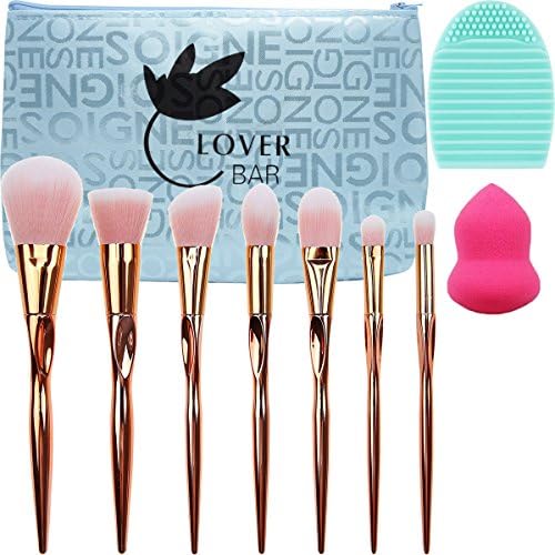 Make Up Brushes Set, Lover Bar 7pcs Makeup Brush Kit-Professional Cosmetics Tools-Face Powder Contour Highlight Foundation Concealer Eyeshadow Eyebrow Kabuki Brush+Beauty Blender Sponge+Brush Cleaner (Rose Gold)