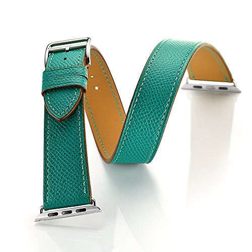 Apple-Uhrenarmband , kartice Luxus Strukturierter echtes Leder-Uhrenarmband -Gurt-Armband Ersatzhandgelenkbänder mit Adapter Haken für iWatch Apple-Watch & Sport & Edition (42mm, Doppel Tour Pfauenblau) - 3