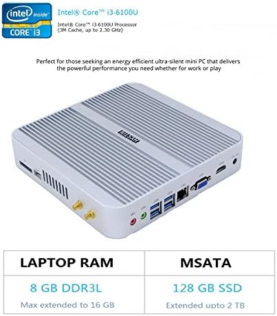 HYSTOU FMP03 Fanless Core i3,Gaming Mini Pc,Mini PC Desktop Computer with Intel Core i3 6100U 2.3Ghz 300M Wifi (8GB RAM 128GB SSD)