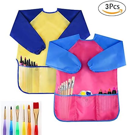 Kioneer Kids Waterproof Art Smocks 2 packs, Children's Art Aprons Waterproof Smocks Long Sleeve With 3 Pockets ,a set of painting brush for Age 2-6 Years