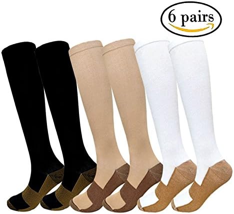 6 Pairs Copper Knee High Compression Support Socks For Women and Men - Best Medical, Nursing, Maternity Pregnancy and Travel Socks - 15-20mmHg (L/XL, 3 Color)