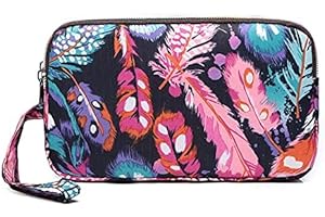CAPRILITE Fun PVC Canvas Wallet Purse Pouch Triple Zip w/Wrist Strap Wristlet Clutch Bag Xmas Bday Gift (Feathers)
