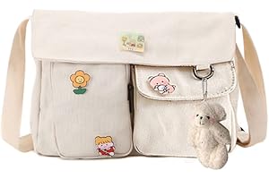 DKIIL NOIYB Kawaii płócienna torba crossbody z pinami kawaii i niedźwiedziem wisiorek dla dziewcząt na co dzień torba listonoszka na ramię do szkoły wiele kieszeni torebka kawaii, 04 - wisiorek z białym niedźwiedziem, beżowy
