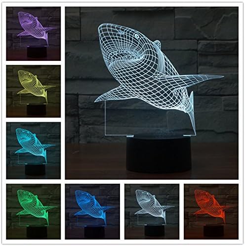 Animals Shark 3D LED Night Light Table Desk Optical Illusion Lamps, Elsley 7 Color Changing Lights with Acrylic Flat & ABS Base & USB Charger