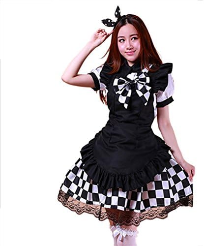 tzm2016 White clothes Plaid skirt black apron Plaid bowtie Women's Anime Cosplay Costume Outfit XL