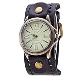 Herren Armbanduhr Unisex Damen Vintage Leder Band große Zifferblatt Uhren Retro Breit Leder Echtleder Armband Analog Quarz Uhr (schwarz)