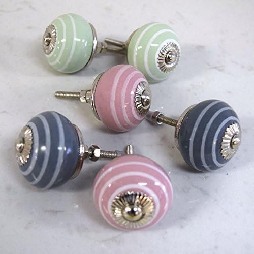 Pushka Home Set of 6 ceramic white grey pink green vintage chic striped cupboard door knobs. Pack of 6 x 40mm retro candy striped painted handles. Sold as shown. Add fun detailing &amp; colour to your furniture doors. Suits doors up to 27mm thick.