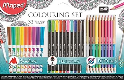 Maped 897417 33 pièces Kit de coloriage Y Compris Brosse, pointes Feutre Fineliner stylos, crayons de couleur et taille-crayon en métal