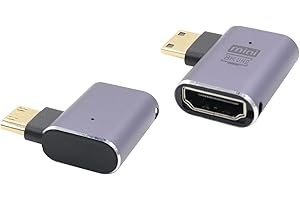 RIIEYOCA Adaptador Mini HDMI a HDMI de 90 grados, ángulo izquierdo, 8 K, 48 Gbps de alta velocidad 2.1 macho a hembra con luces LED para portátiles, cámaras, DSLR, 2 unidades