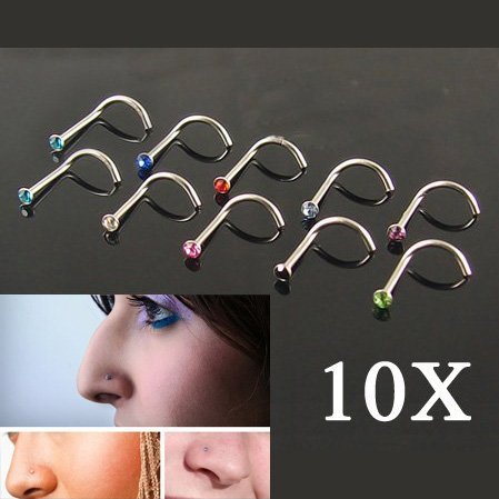 AKORD - 10 Piercing da Naso in Acciaio al Titanio, con Strass, Multicolore, 0,07 x 0,02 x 0,01 cm