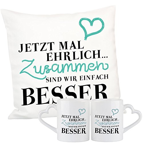Geschenke 24: Geschenkset - Jetzt mal ehrlich - romantisches Kuschelkissen und Tasen im Set - Sofakissen Zierkissen originelles Liebesgeschenk mit Herz
