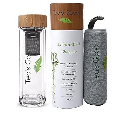 Tea's Good® bouteille isotherme thermos double verre avec filtre 2 en 1 pour thé, café, fruits infusés - 450 ml - théière nomade avec bouchon en bambou et infuseur en inox. Housse de protection grise en Néoprène offerte. Idéal pour les transports…
