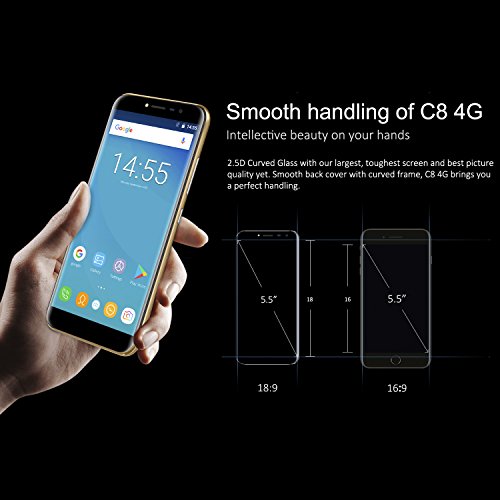 OUKITEL C8 4G Smartphone Ohne Vertrag 5,5 Zoll (18:9 VerhÃ¤ltnis Vollbild) 2.5D HD IPS Android 7.0 Dual SIM MT6737 Quad Core 2GB RAM+16GB ROM 3000mAh 13MP+5MP Kameras Fingerabdruck(Golden)