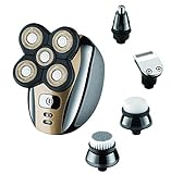 Electric Head Shaver Razor for Bald Men Gold Grooming Kit 5 in 1 Wet Dry Rotary Shavers Nose Hair Beard Trimmer Clippers Facial Cleansing Brush Cordless Waterproof USB Charging Rechargeable