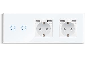 CNBINGO Dotykowy włącznik światła z podwójnym gniazdkiem z podwójnym portem USB-A, 2,1 A, gniazdo USB Schuko podtynkowe, szklany włącznik ścienny podwójny w kolorze białym, przełącznik dotykowy z