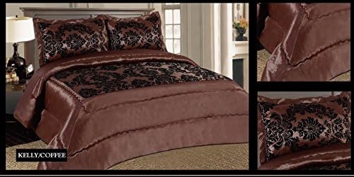 Impero Romano Bedspread 3PC COFFEE BLACK Super King Size Kelly Damask Flock Quilted Bedspread Set (Coffee)