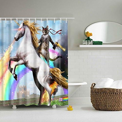 Halloween Blood Hand Pumpkin Elephant Cat Eating Pizza Mermaid Shower Curtain 165 * 180cm 150 * 180cm,CatRidingUnicorn-165X180cm