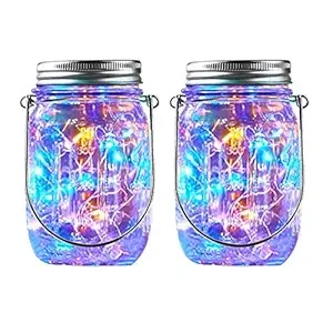 Epyz 10 LEDs Hanging Solar Lights Outdoors, Solar Mason Jar Lid Fairy String Lights for Christmas, Patio, Garden, Yard and Lawn (Pack of 2, Multicolor)