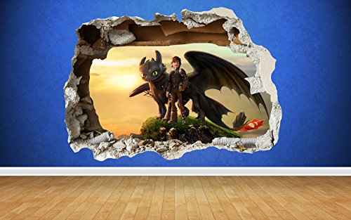 Wandaufkleber Drachenzähmen leicht gemacht, 3D-Stil zerstörte Wand, für Kinderzimmer, Vinyl, Kunst, Large: 80cm x 58cm