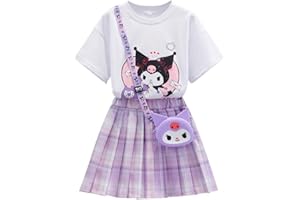 Satdflie Cartoon Conjunto Falda y Top para Niñas Camiseta Manga Corta + Minifalda Plisada + Bolso de Dibujos Animados 3 Piezas Traje