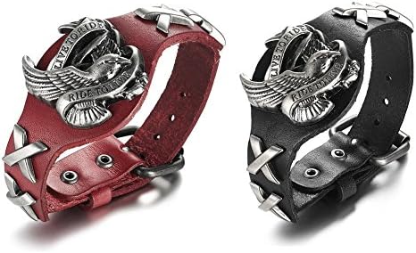 Vnox 2Pcs Men's Alloy Genuine Wide Leather Eagle Hawks Animal Adjustable Cuff Bracelet Punk Gothic Casting