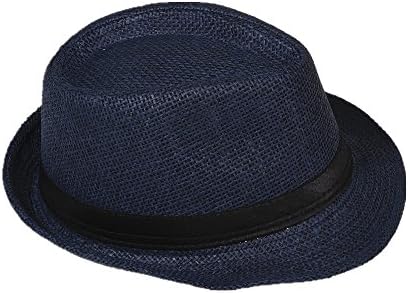 Panama Fedora Trilby Gangster straw sunhat with fabric strap, street style - blue - One size