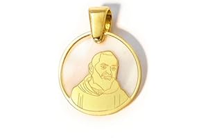 DE BUSSY Medaglia di Padre pio Ciondolo Santo di pietralcina in Argento 925 Placcato Oro 18kt e Madreperla®