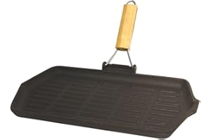 Baumalu, Poêle Grill Rectangulaire en Fonte 33,5 cm x 19,5 cm, Manche Rétractable en Bois, Noir, Compatible Tous Feux et Induction, Idéal pour Barbecue et Cuisine