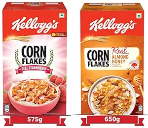 Kelloggs Corn Flakes Real Strawberry Puree, Low Fat,575g Pack + Corn Flakes Real Almond Honey, High in Vitamin B1, B2, B3, B6 650g Breakfast Cereals, Naturally Cholesterol Free, Iron, Vitamin C