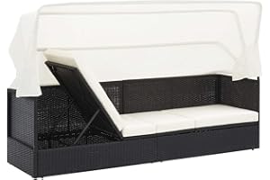Hommdiy Gartensofa mit Sonnendach Sonnenliege Gartenliege Lounge Gartenbank Gartenbett Sofa Gartenmöbel Liege Relaxliege Sofabett Poly Rattan Schwarz und Weiß