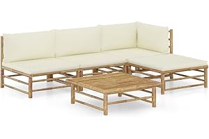 vidaXL Set de Muebles de Jardín 5 Piezas Mobiliario Exterior Terraza Hogar Cocina Mesa Silla Asiento Suave con Respaldo Bambú y Cojines Blanco Crema