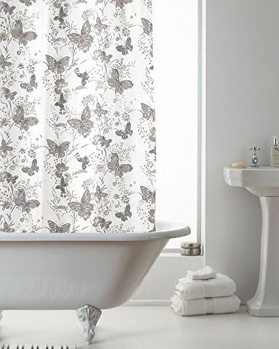 LUXURY MODERN BUTTERFLY BATHROOM SHOWER CURTAIN SILVER 180 X 180XCM METAL BEADED HOOKS