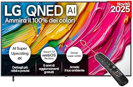 LG QNED AI QNED80 TV 86 pollici, Smart TV 4K, Processore α7 Gen8, Dynamic QNED Color, Design Super Slim, webOS con AI e telecomando puntatore AI, Gaming con VRR 4K@60Hz, 86QNED80A6A 2025