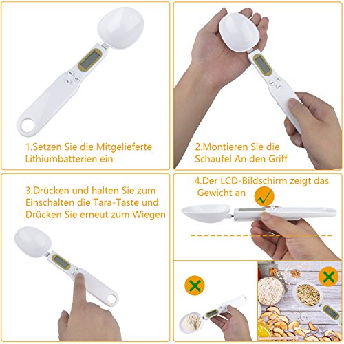 ieGeek 0.5g bis 500g Hohe Präzision Elektronischer Messlöffel / Tragbar Küchen kleiner Haushalt Elektronische Waagen – LCD Display Herausnehmbare Esslöffel (Weiß) - 5