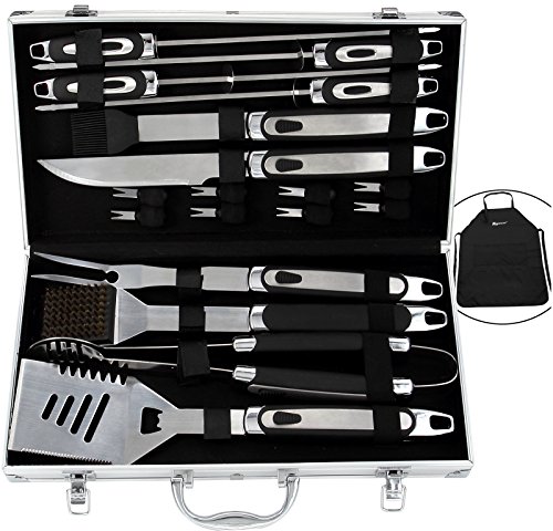 Romanticist 20-teilig Edelstahl Grillbesteck Set mit rutschfestem langem Griff im Aluminium