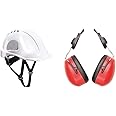 Portwest Endurance Helmet, Size: One Size, Colour: White, PS55WHR & Endurance Clip-On Ear Protector, Size: One Size, Colour: Red, PW47RER
