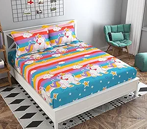 SHOMES| Soft Glace Cotton Cartoon Kids Bedsheet for Double Bed - Unicorn Design Badsheet for Boys or Girls Bed Room- (Bed Sheet Size 90 x 100 Inches, Pillow Cover 18 x 28 Inches )- Color Sky Multi