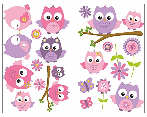 19-teiliges Pinke Baby Eulen auf Ast Wandtattoo Set Kinderzimmer Babyzimmer in 4 Größen (2x16x26cm mehrfarbig)
