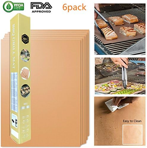 Yogaw BBQ Grill Mats Set of 6 by a Reusable Nonstick Barbecue Oven Mats, Durable, Heat Resistant, Easy to Clean, Dishwasher Safe - 5 Year Warranty (Gold)