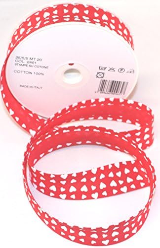 Inastri 25/5/5 mm Cotton Bias Binding 'Love Hearts', White/Red