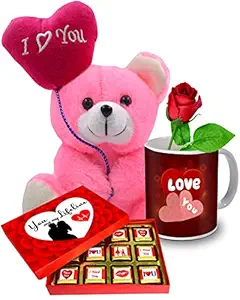 Midiron Ceramic Coffee Mug, Teddy Bear, Chocolate Gift Box and Artificial Red Rose For Valentines Day, Anniversary and all Occasion, Chocolates gift Pack for boyfriend, Girlfriend, Husband, Wife.