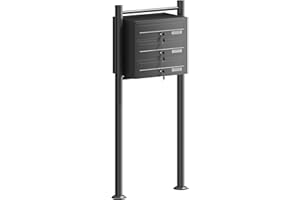 ‎WILTEC Wiltec 3er Briefkastenanlage schwarz 556 x 270 x 1500 mm, Standbriefkasten mit 3 Fächern, Schlüssel und Namensschild, Briefkasten Postkasten mit Ständer