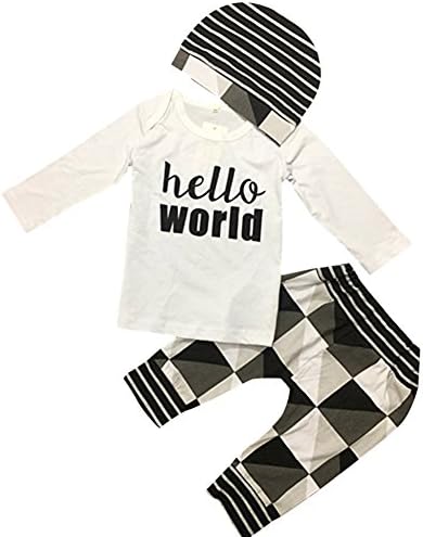 TOWEAR 3pcs Baby Boy Hello World Color Block Shirt Pants Hat Clothes Set (12-18months/90cm, White)