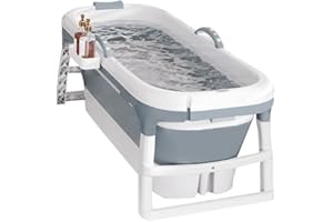 HUOLE Baignoire pliable pour adultes, bain polaire en plein air, 118 * 60 * 53cm, portable, pliable, avec couvercle et rouleaux de massage, panier à savon, pour salle de bain et douche (Gris)
