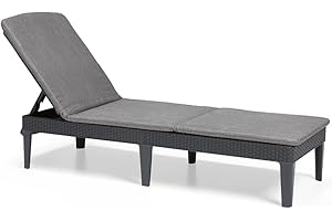 Keter Jaipur leżak ogrodowy z regulowanym oparciem, składany leżak ogrodowy, szary, imitacja rattanu z poduszką, 187 x 58 x 29 cm