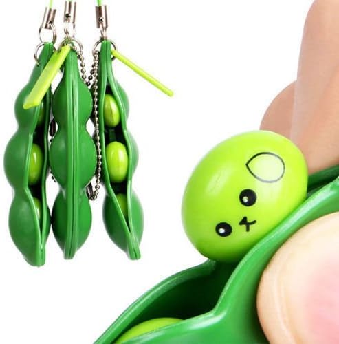 Firestar 3 PACK of Fun Squeeze-a-Bean Soybean Pendants Anti Stressball Stress Relieving Keychain Mobile Chain Fidget Toys - 3 PACK