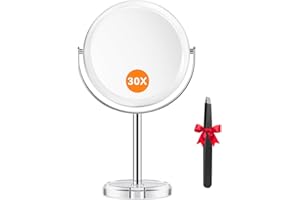 Auxmir 30X Magnifying Mirror with Tweezers, Double Sided 30X/1X Magnifying Makeup Mirror with Stand, 360° Rotation Bathroom Vanity Mirrors for Shaving, Dressing Table, Desktop, Bedroom, 6.8 Inch