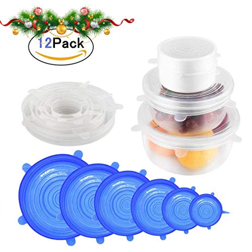 AYUTOY Tapas de Silicona Elásticas, Paquete de 12 de Varios Tamaños de Fundas para Tazones de Silicona Reutilizable Fundas Protectoras para Mantener alimento Fresco (6 Transparente + 6 Azul)